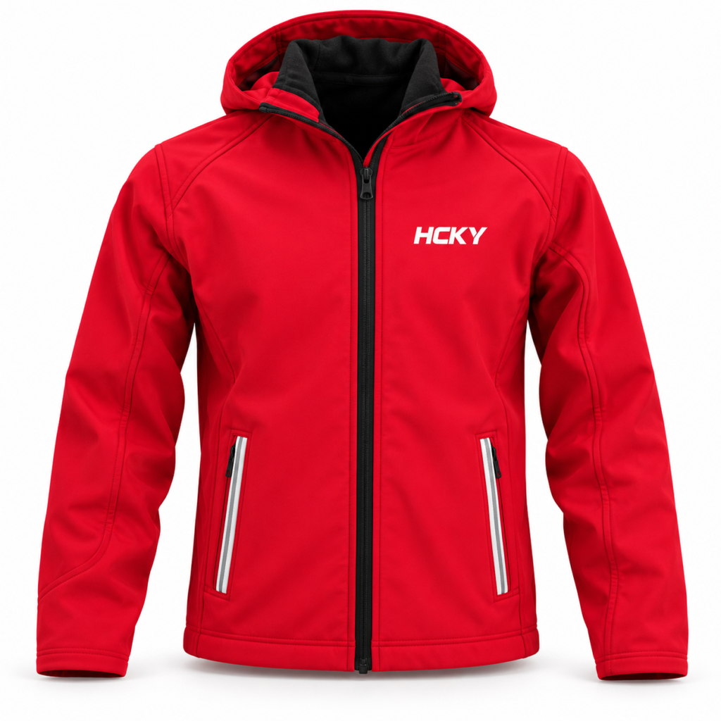 Kids Hooded Softshell Jacket – Red (front)
