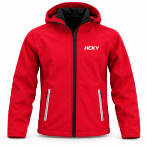 Kids Hooded Softshell Jacket – Red (front)