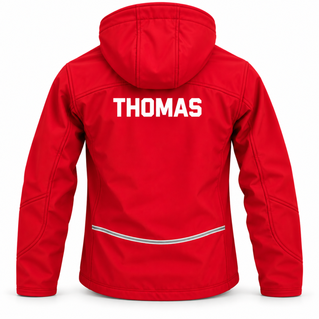 Kids Hooded Softshell Jacket – Red (back with name)